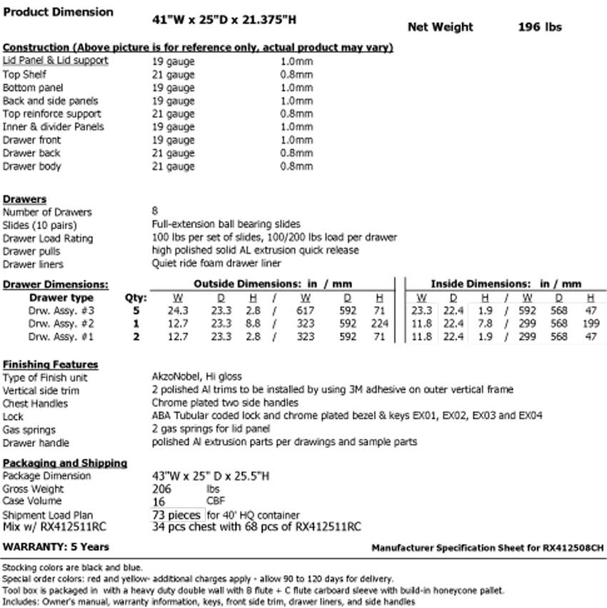 RX412508CH Top Tool Chest Specifications